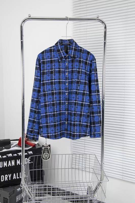 Chrome Hearts blue cross patch plaid button-up shirt