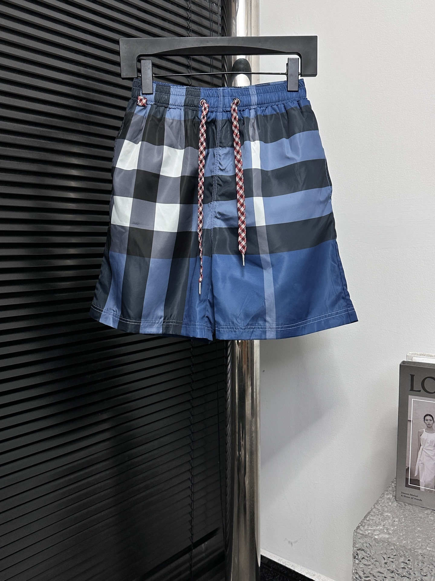 Burberry Check Drawstring Swim Shorts in Carbon Blue IP Check.