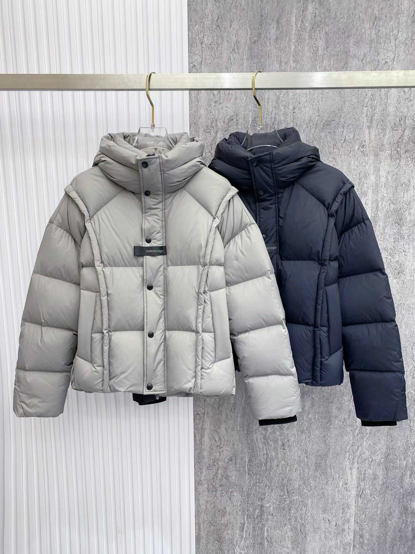Balenciaga hooded puffer jackets in light gray and black colors.