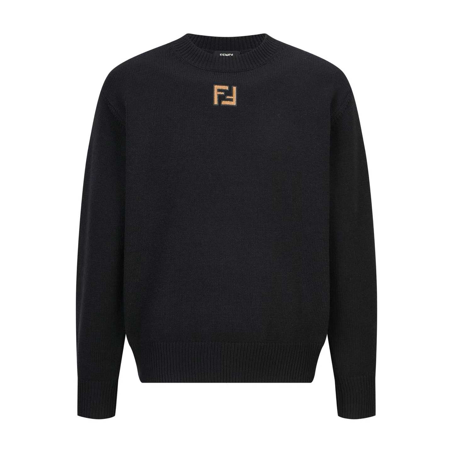 Fendi black wool-blend crew neck sweater with a signature FF logo on the chest