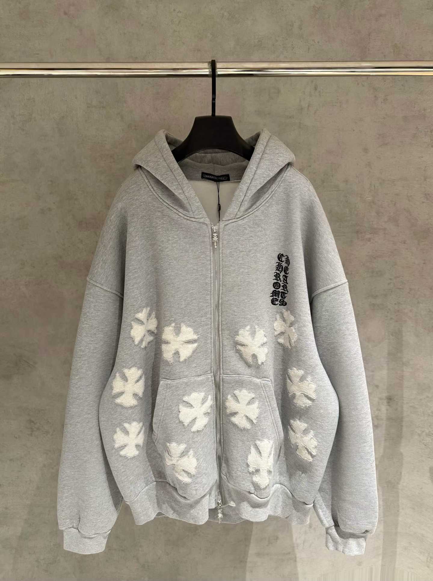 Chrome Hearts Triple Cross Patch Zip Up Hoodie in gray