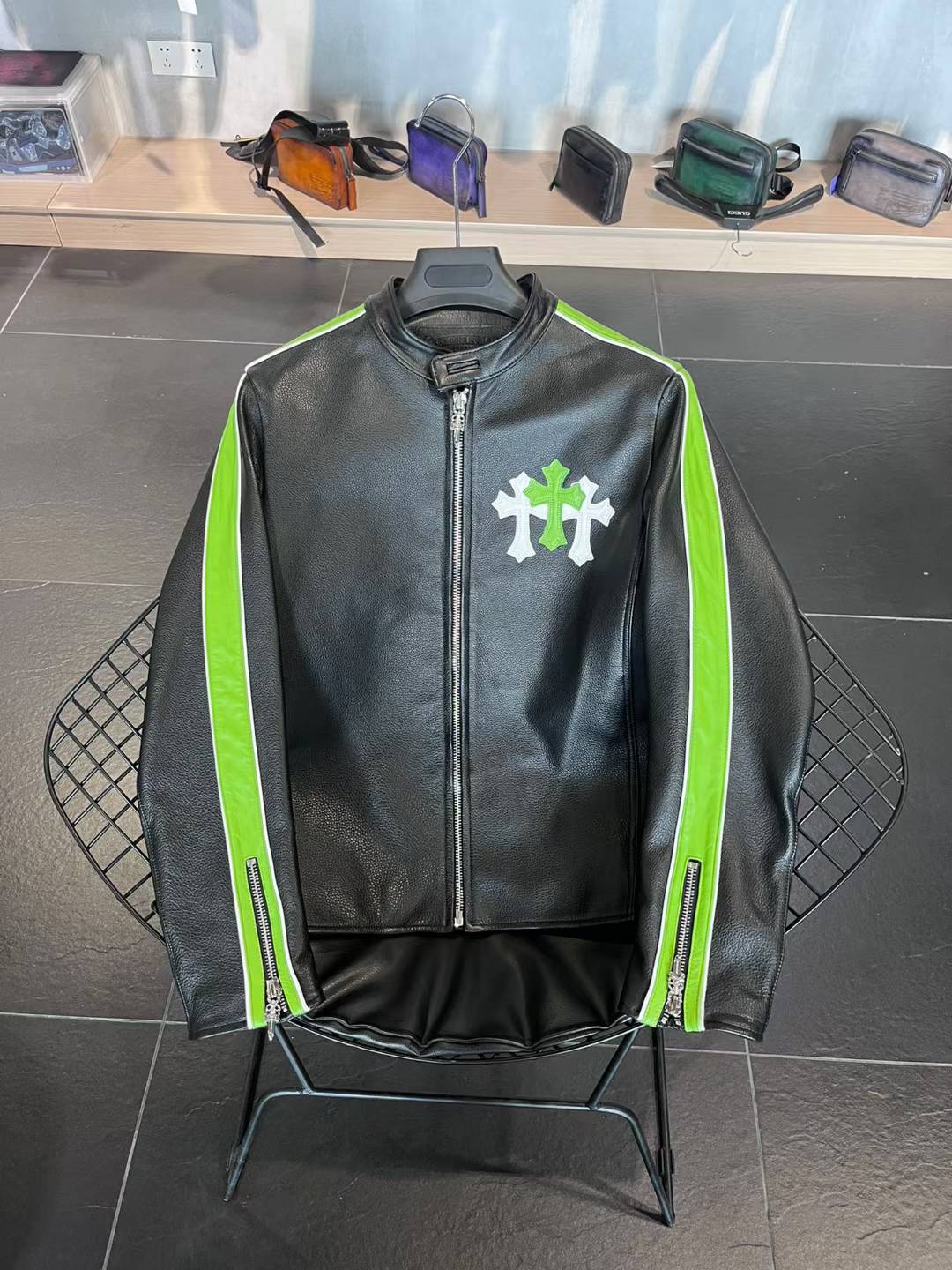 Chrome Hearts single rider jacket with green