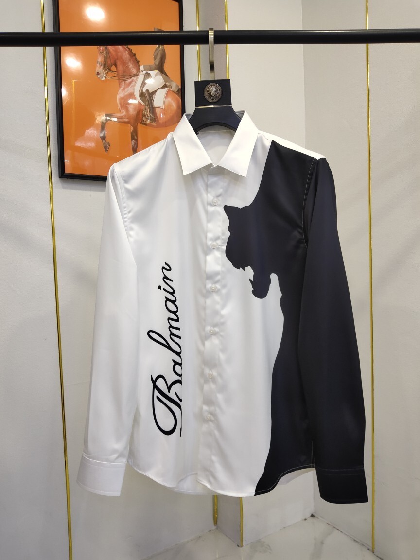 Balmain white and black slim-fit dress shirt with a panther graphic.
