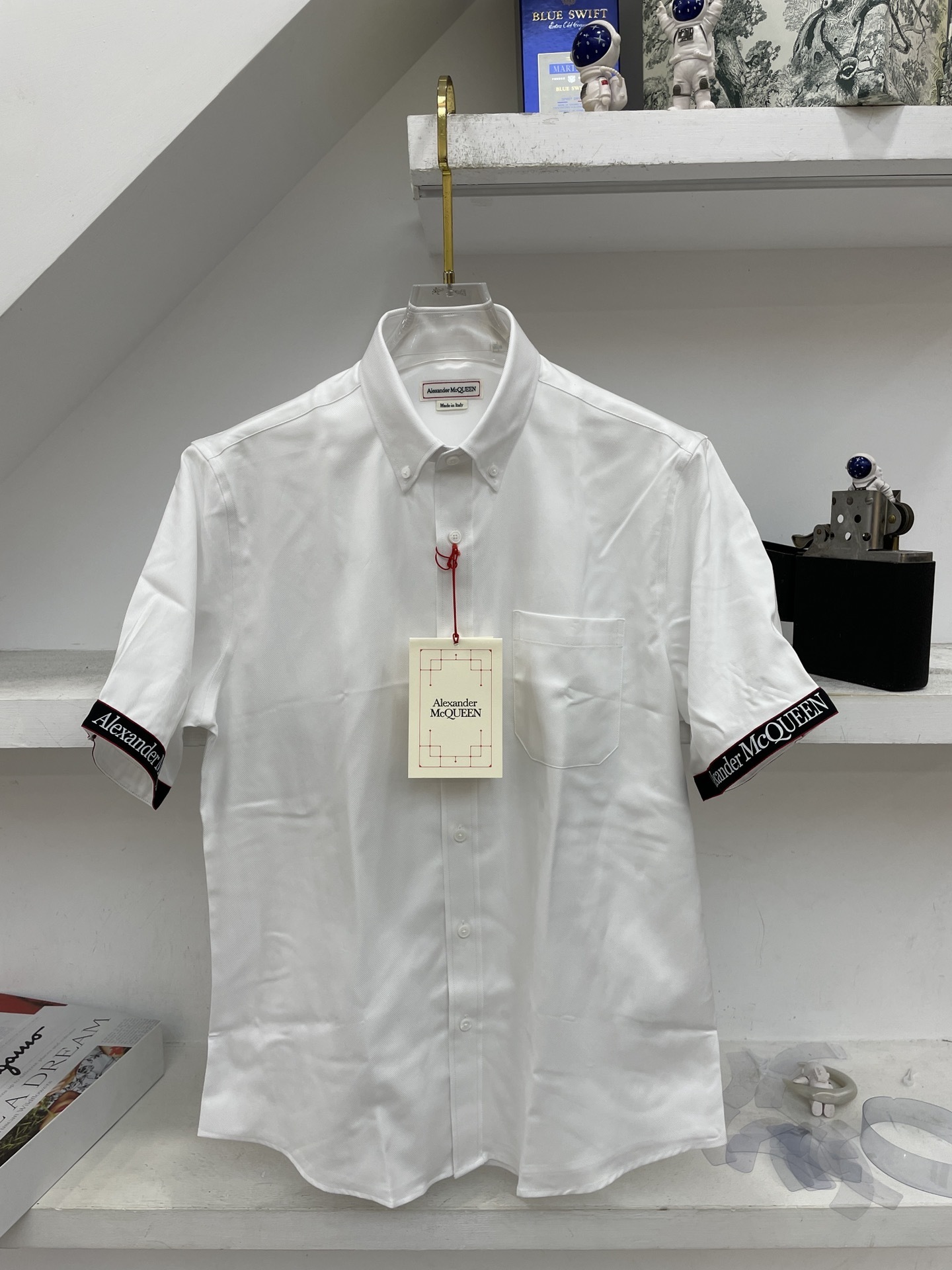 Alexander McQueen Logo Tape Cotton Button-Down Short Sleeve Shirt in white.
