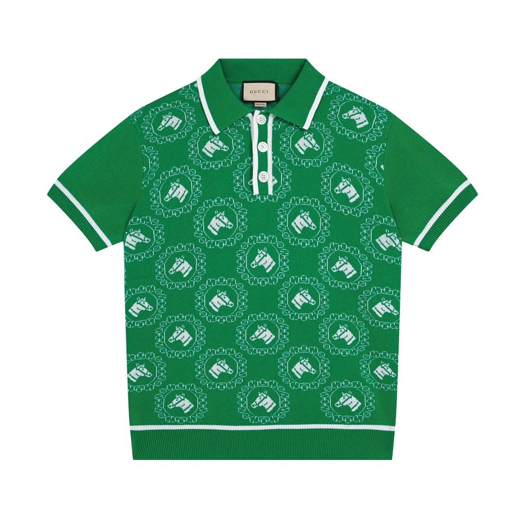 Gucci Jacquard cotton and wool-blend polo shirt green with a horse motif and white stripes along the ribbed trims.