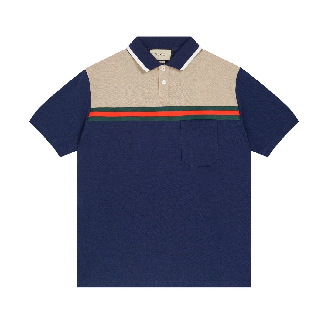 Gucci color-block polo shirt in brown and navy blue with the signature green and red stripe