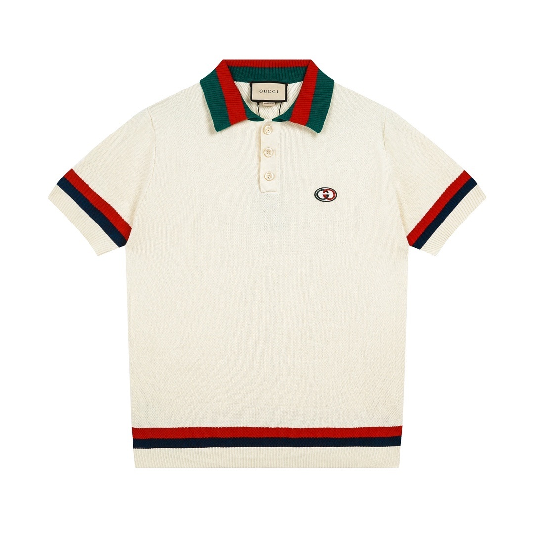 Gucci Logo-embroidered Striped Cotton-knit Polo Shirt in ivory with blue and red web details and an Interlocking G patch