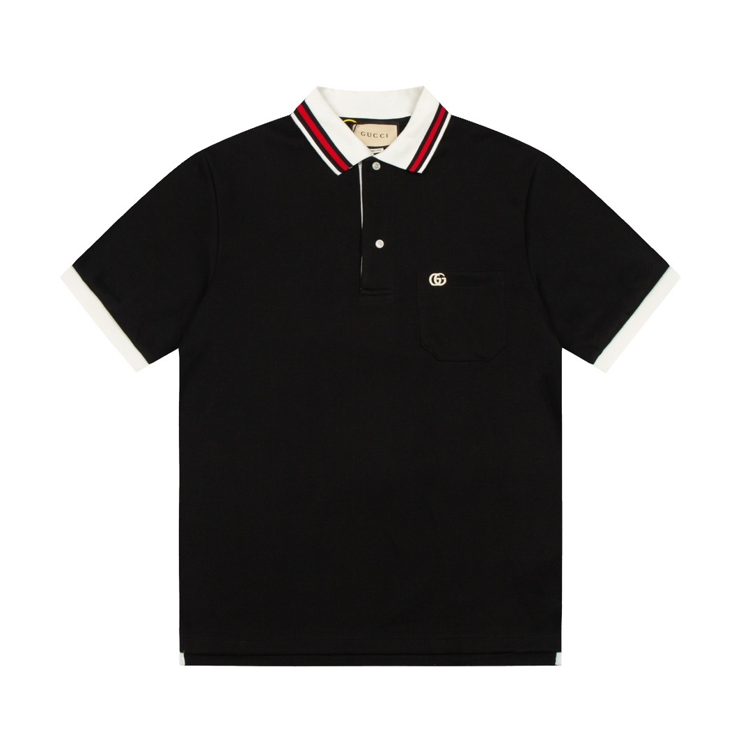 Gucci cotton piquet polo shirt black with the signature Double G logo and contrasting web collar.