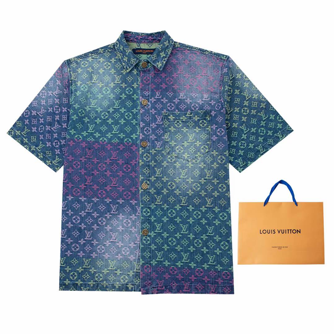 LV Rainbow Monogram Short-Sleeved Denim Shirt in indigo blue