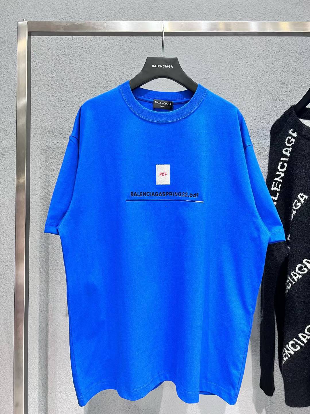 Balenciaga PDF embroidered Klein blue t-shirt.
