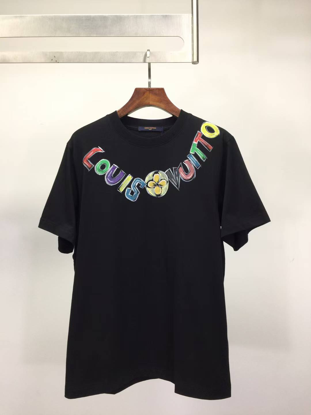 LV Black cotton T-shirt colorful, reversed, and slightly faded Louis Vuitton motif