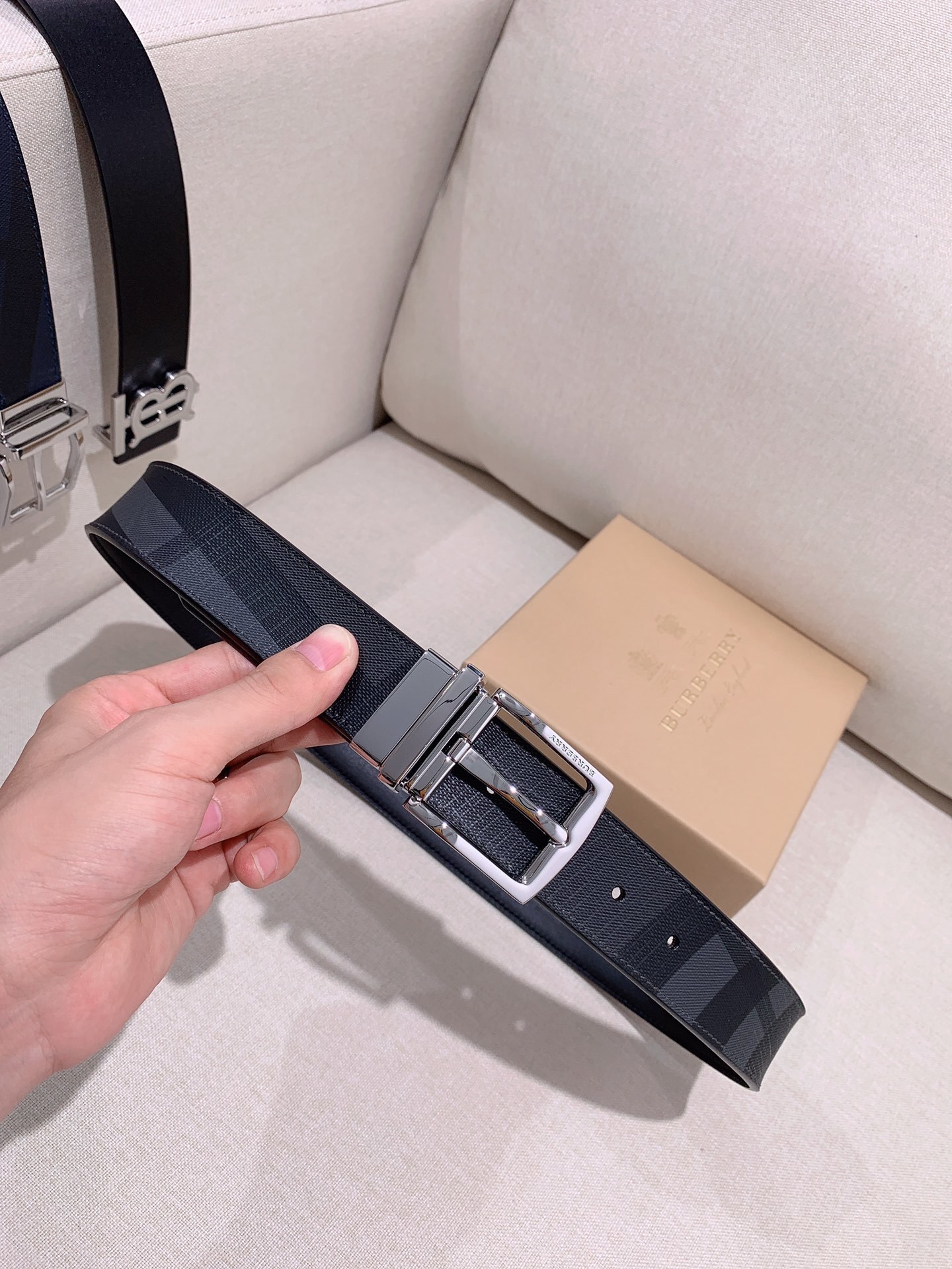 Burberry Reversible Check Belt in charcoal grey leather with a silver-tone buckle