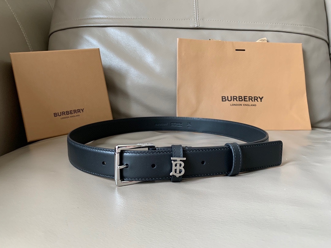 Burberry black leather belt featuring a silver-tone Thomas Burberry (TB) Monogram buckle