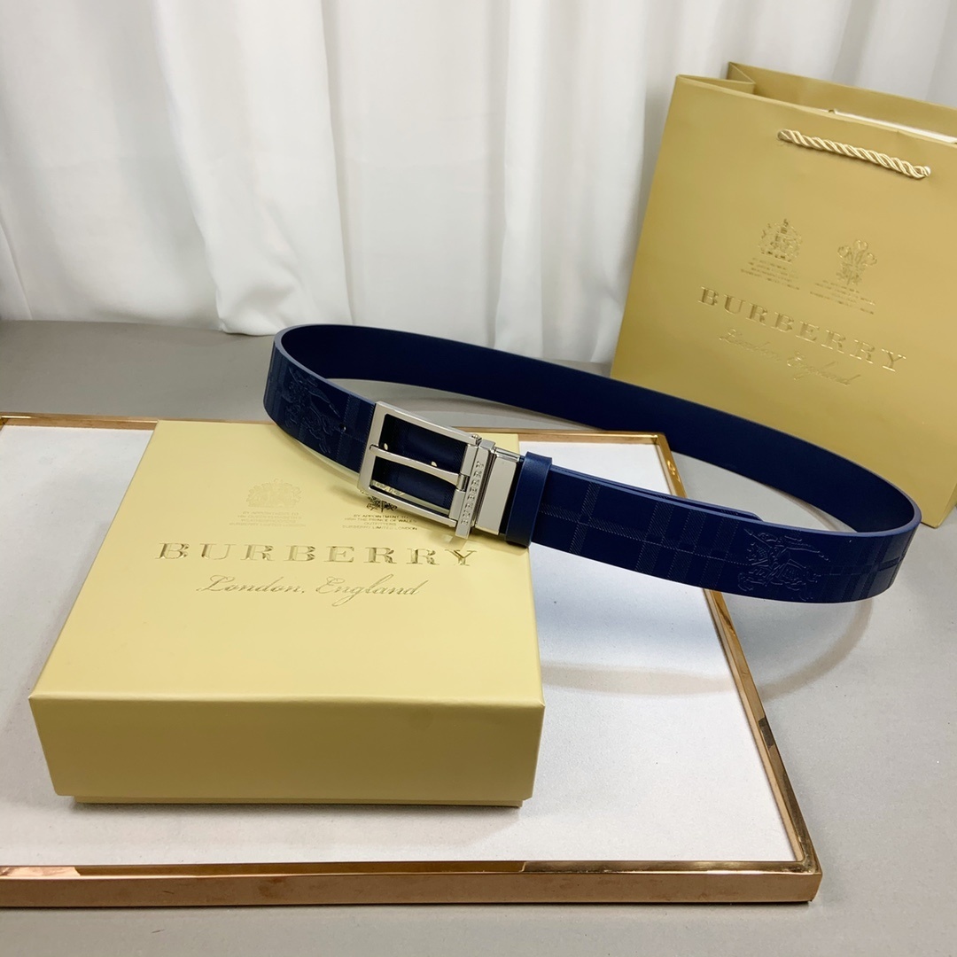 Burberry Men's Reversible Check Belt in blue leather with a silver-tone pin buckle.