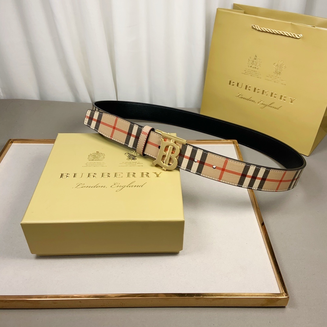 Burberry Reversible Check TB Belt in archive beige canvas and black leather