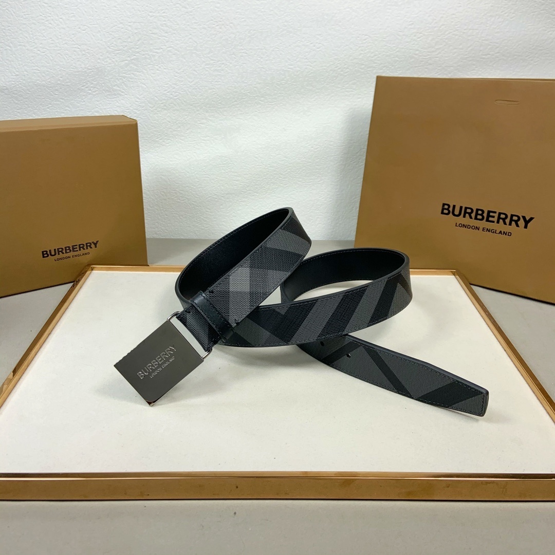 Burberry reversible check leather belt in charcoal grey