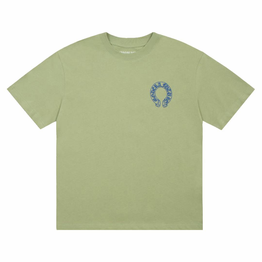Chrome Hearts T-shirt in a light green color with a blue logo graphic.