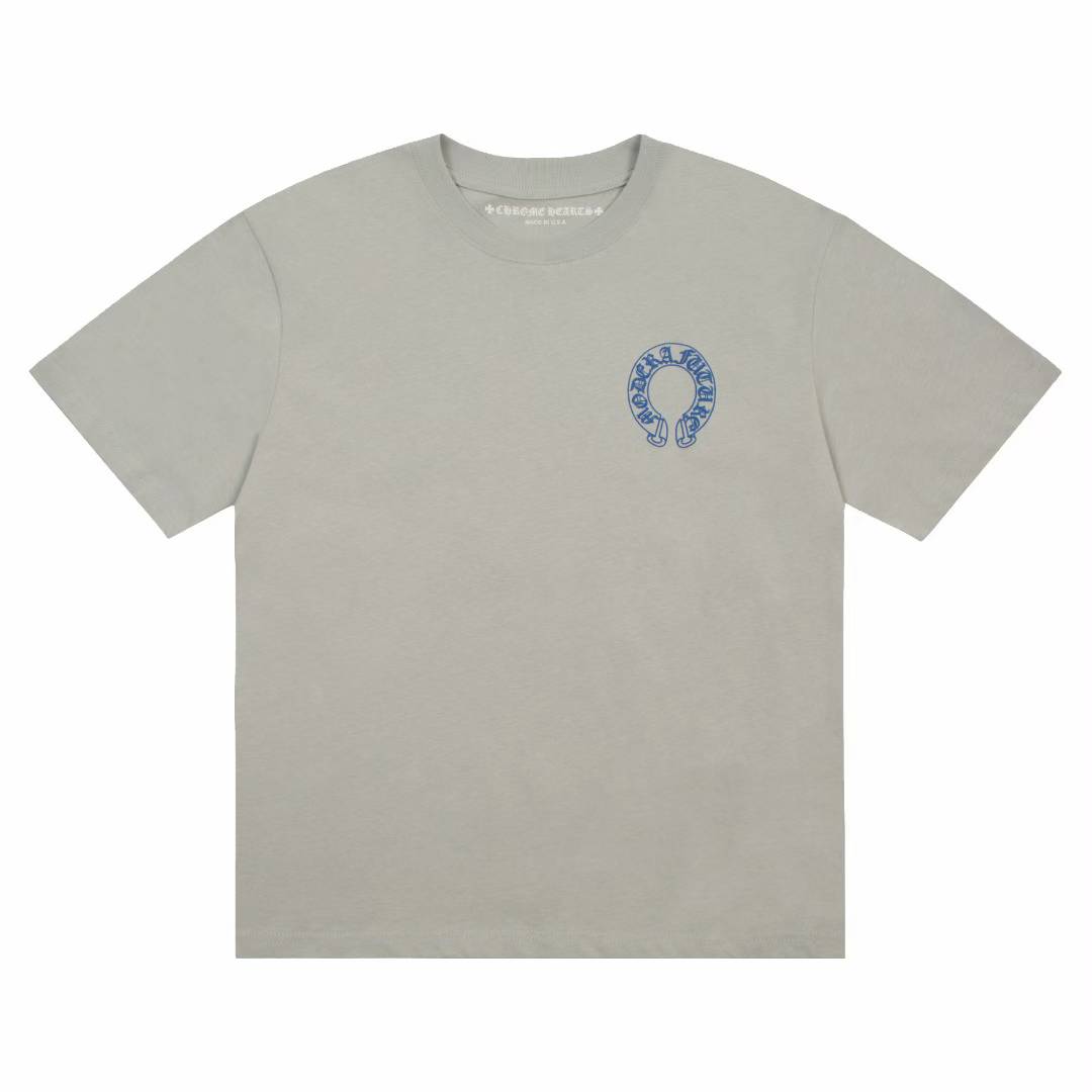 Chrome Hearts T-shirt with a blue horseshoe logo.