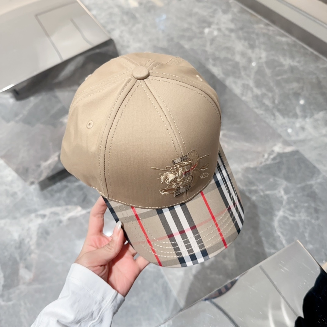 Burberry Check Cotton Baseball Cap in Archive Beige, featuring the brand's signature check pattern and an embroidered logo.