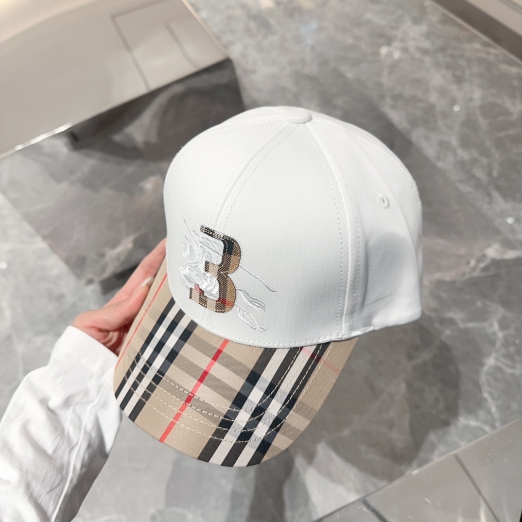 Burberry Check Cotton Baseball Cap in white and archive beige with an embroidered logo.