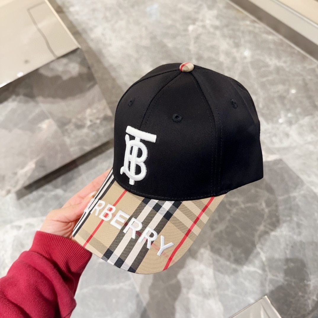 Burberry Check Cotton Baseball Cap in black and beige featuring the TB monogram motif.
