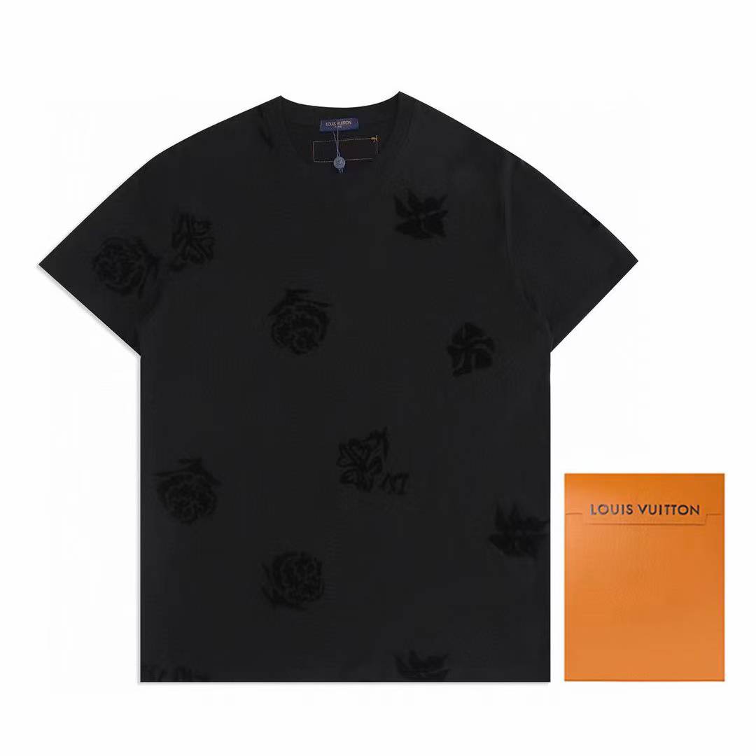 LV black crew neck T-shirt with a floral appliqué or print design.