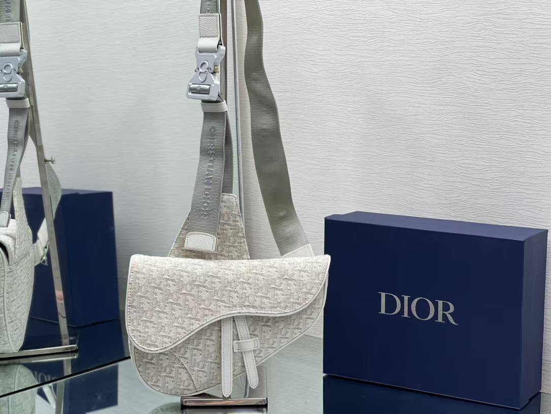 Christian Dior Saddle bag in beige/grey oblique jacquard canvas and white leather trim