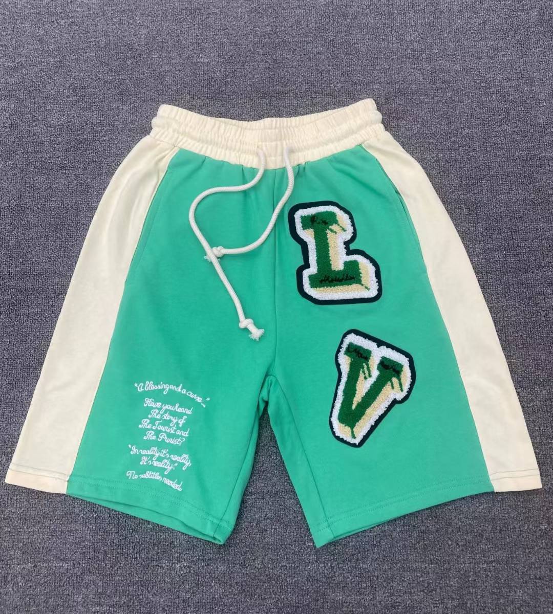 LV green and cream graphic print men's shorts cotton