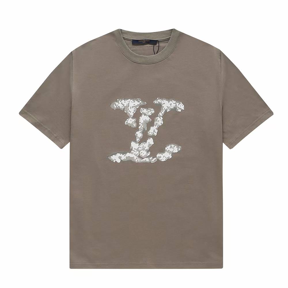 LV Embroidered Signature Cotton T-Shirt in a stone grey or taupe color