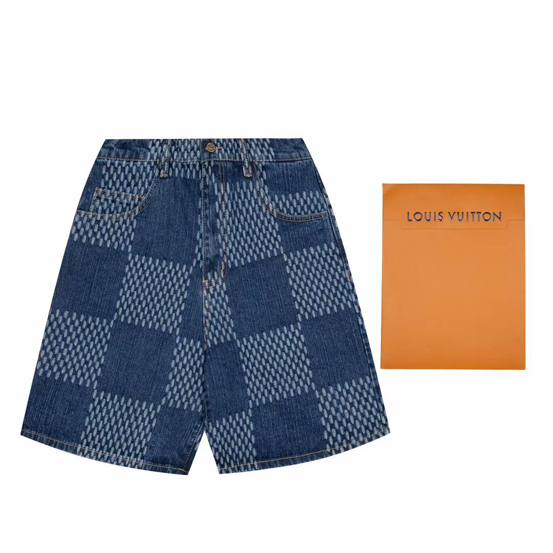 LV Damier 3D Light Denim Shorts in washed indigo organic cotton denim