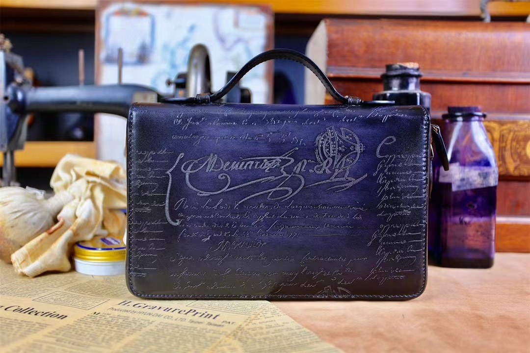 Berluti Itauba Wide Scritto Leather Long Zipped Wallet in the Nero Grigio color