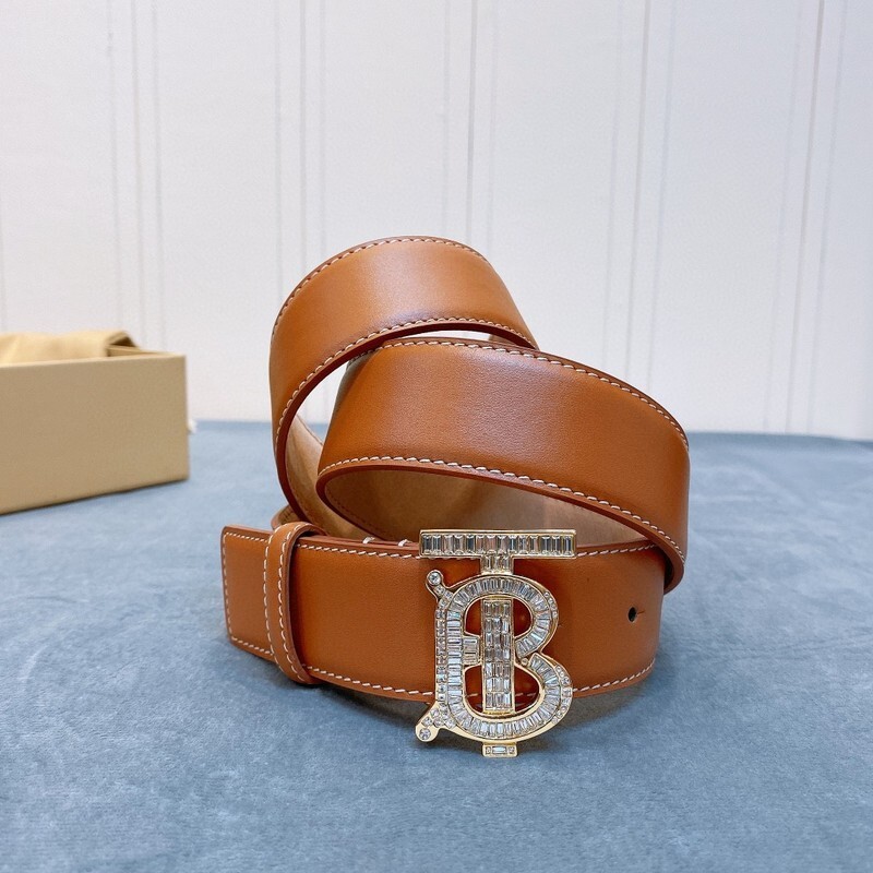 Burberry TB-monogram buckle reversible calf leather belt in tan brown with a diamond-encrusted buckle
