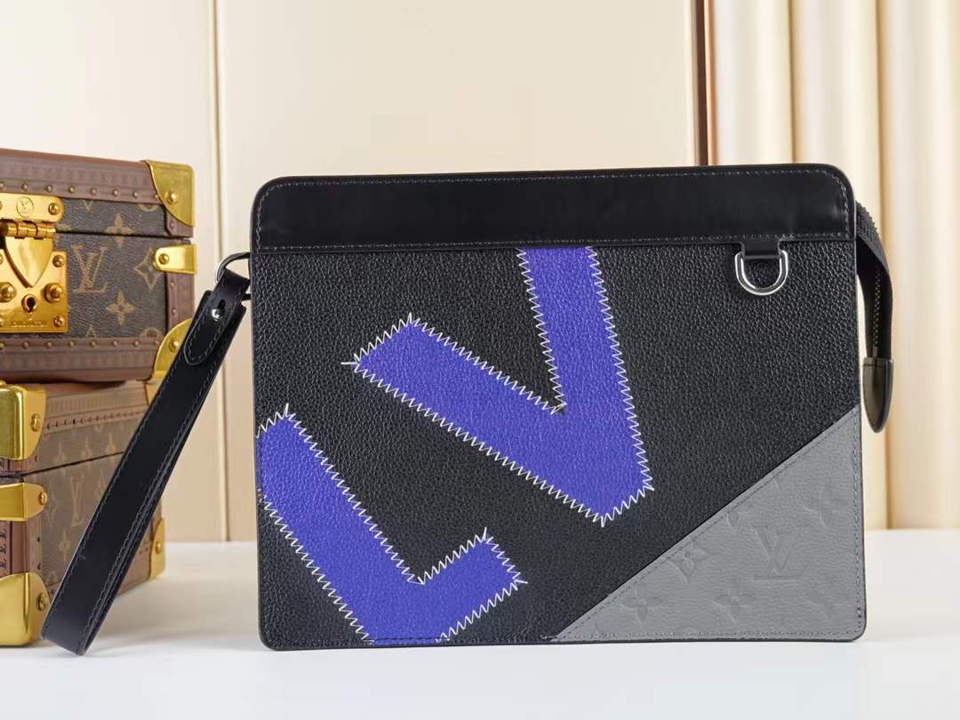 LV Standing Pouch in black, blue, and gris leather.