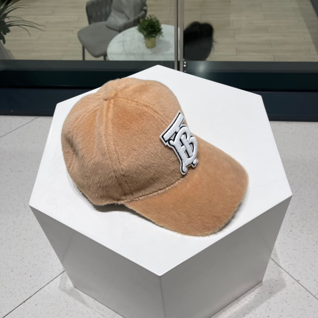 Burberry Monogrammed Cashmere Baseball Cap in camel beige with a 3D embroidered logo.