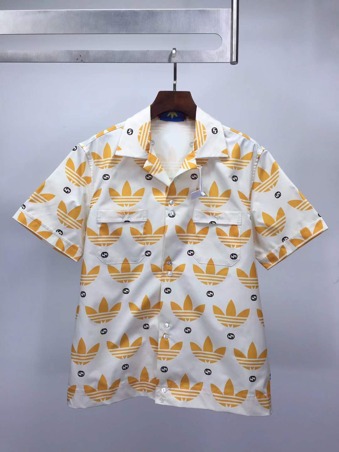 Gucci x Adidas Trefoil Print Bowling Shirt in ivory and black
