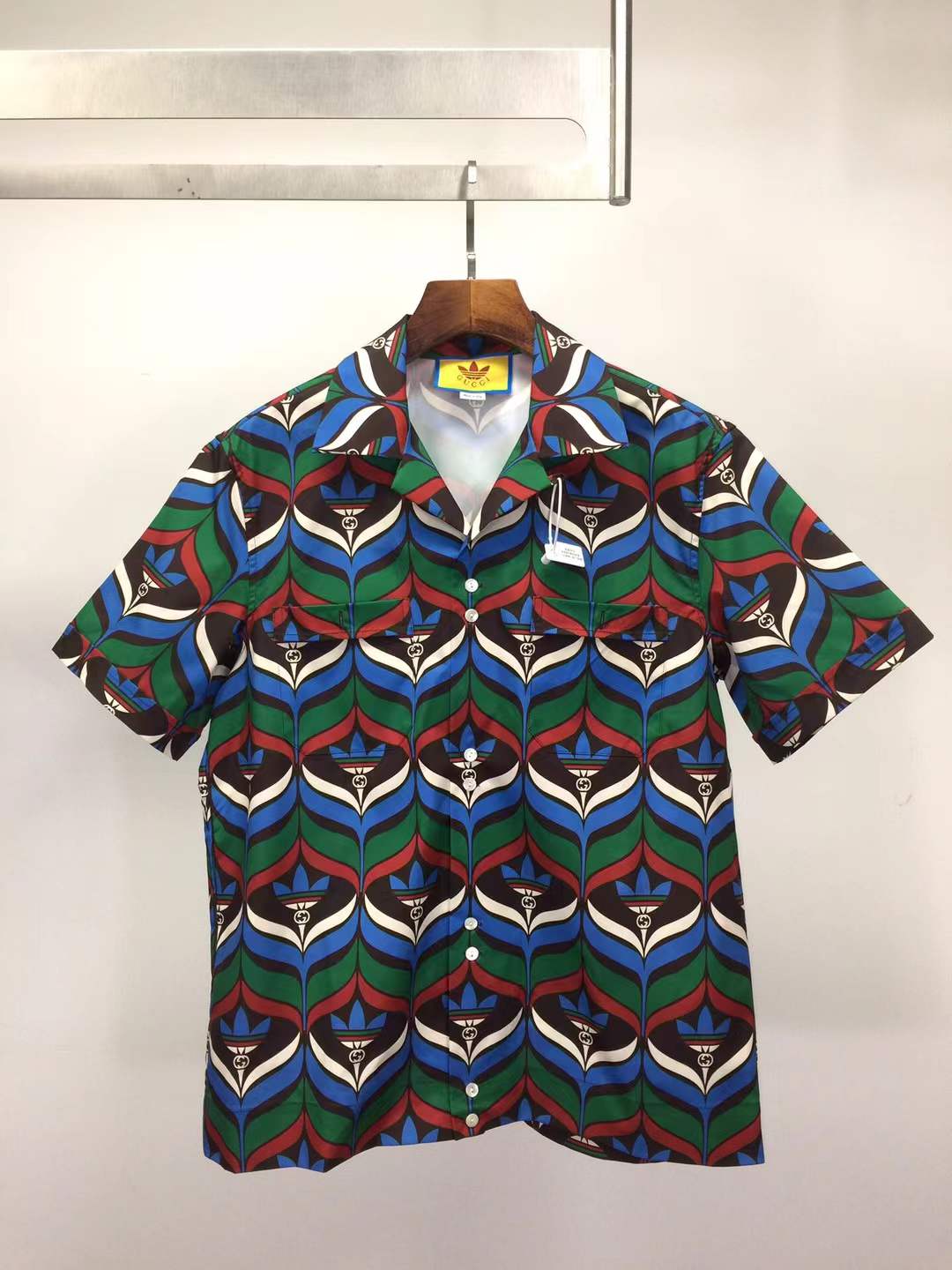 Gucci x Adidas Trefoil Print Bowling Shirt in the brown and green colorway