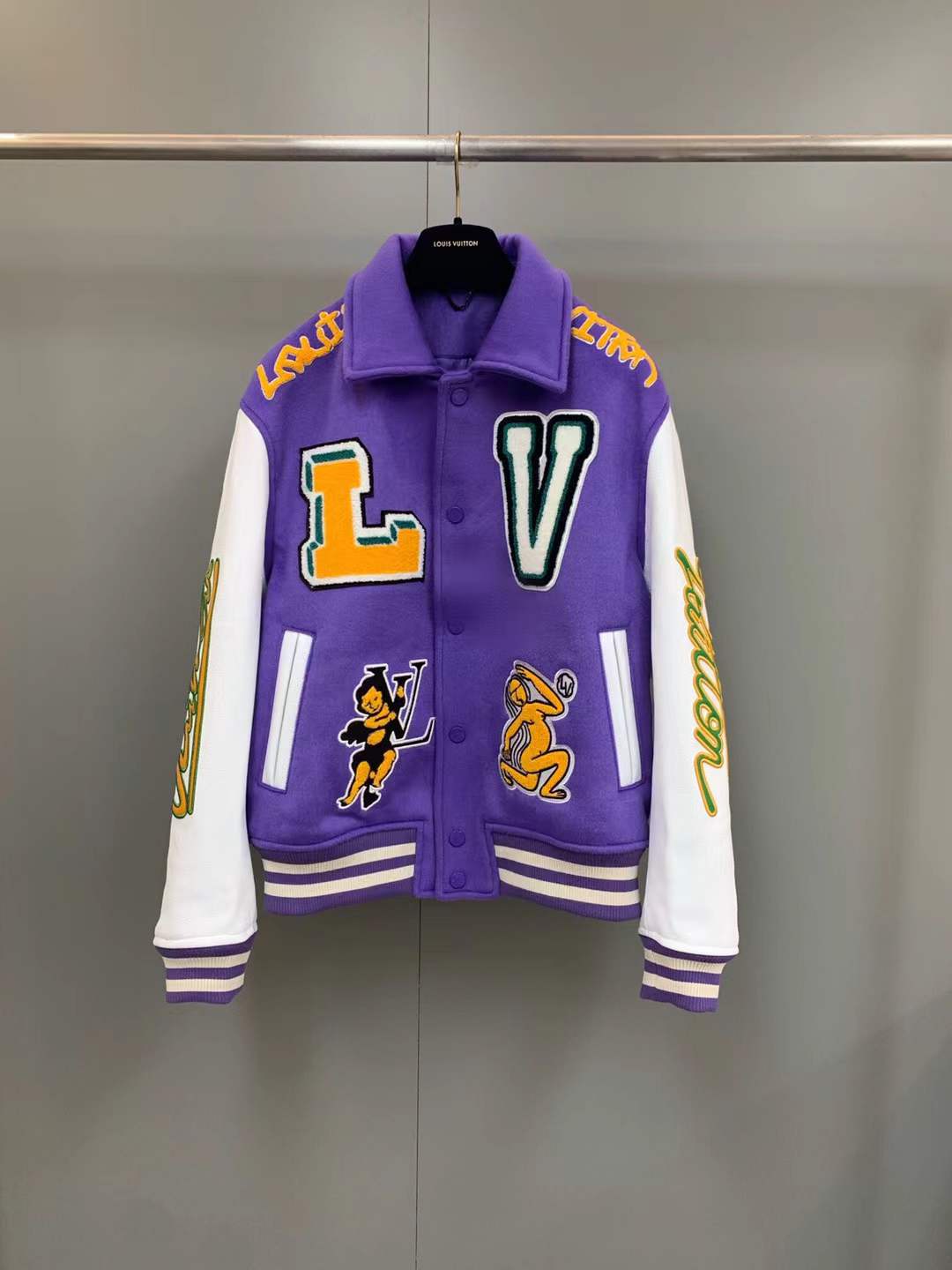 LV multi-patches mixed leather and wool varsity jacket in purple