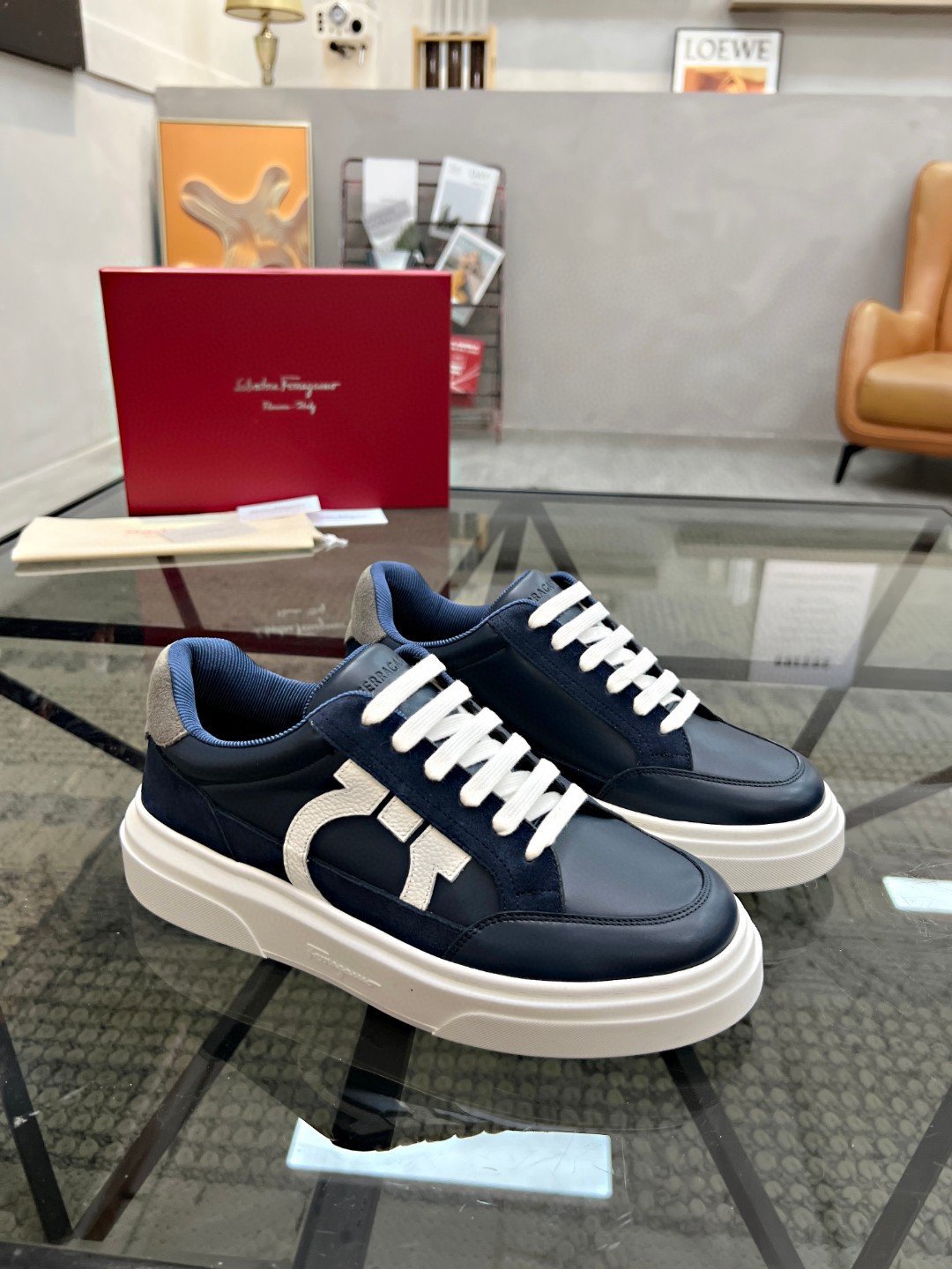 Ferragamo low-top leather sneakers navy blue signature Gancini logo