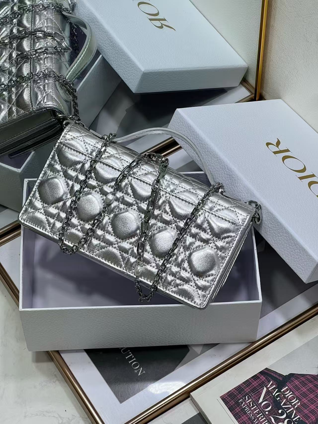 Dior My Dior Mini Bag in iridescent metallic silver-tone cannage lambskin. 21cm