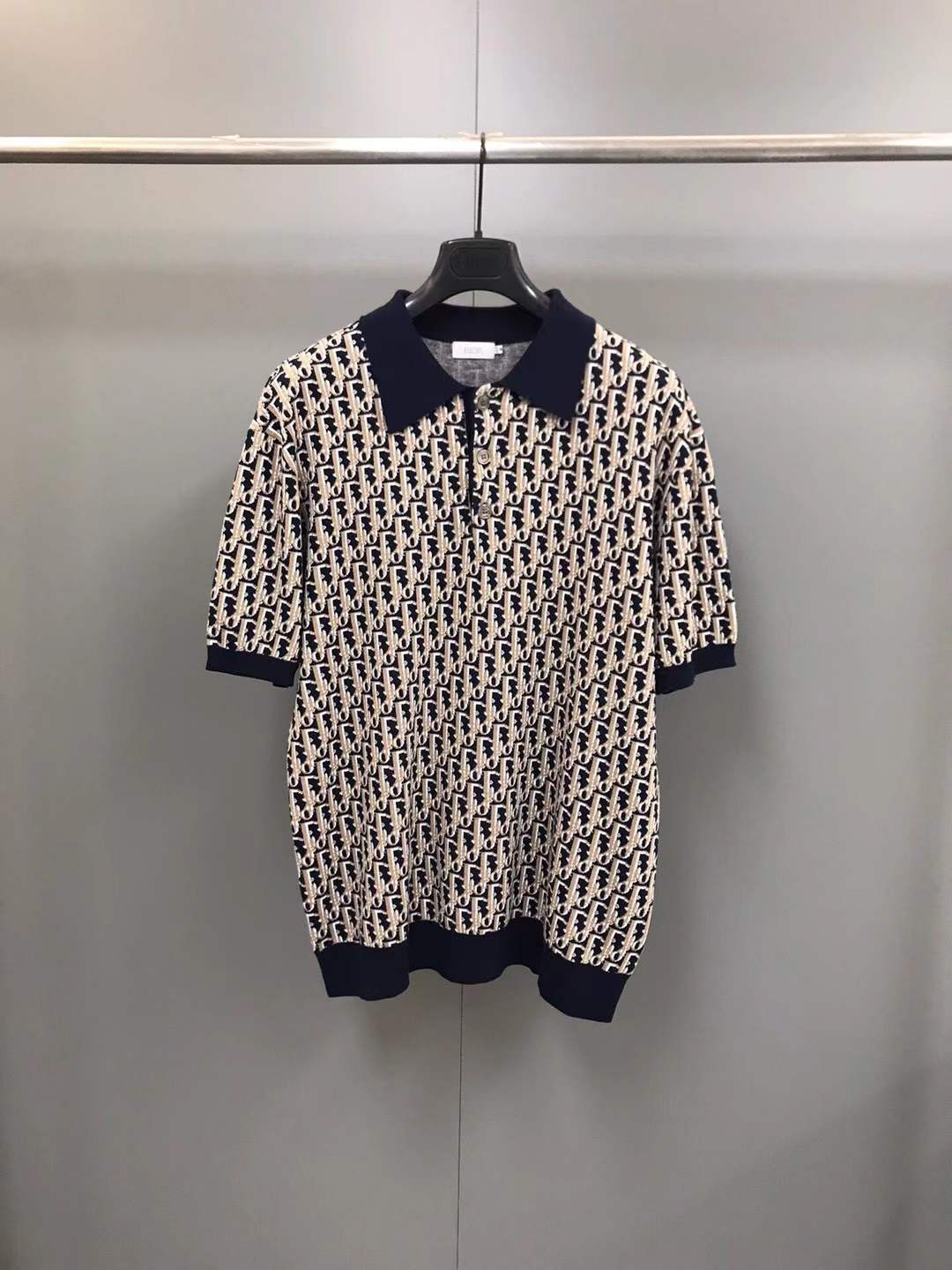 Dior Oblique Polo Shirt in beige, blue, and black cotton jacquard.