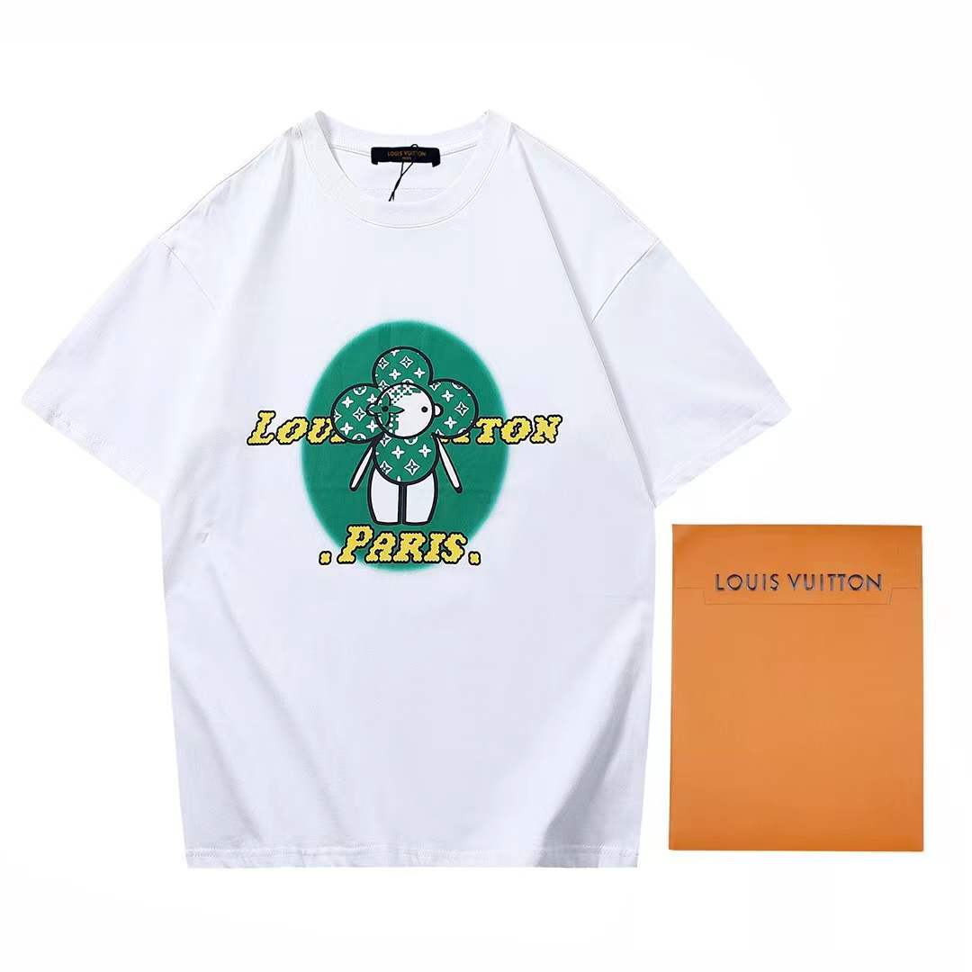 LV graphic t-shirt with a cartoon character print and green circular background.