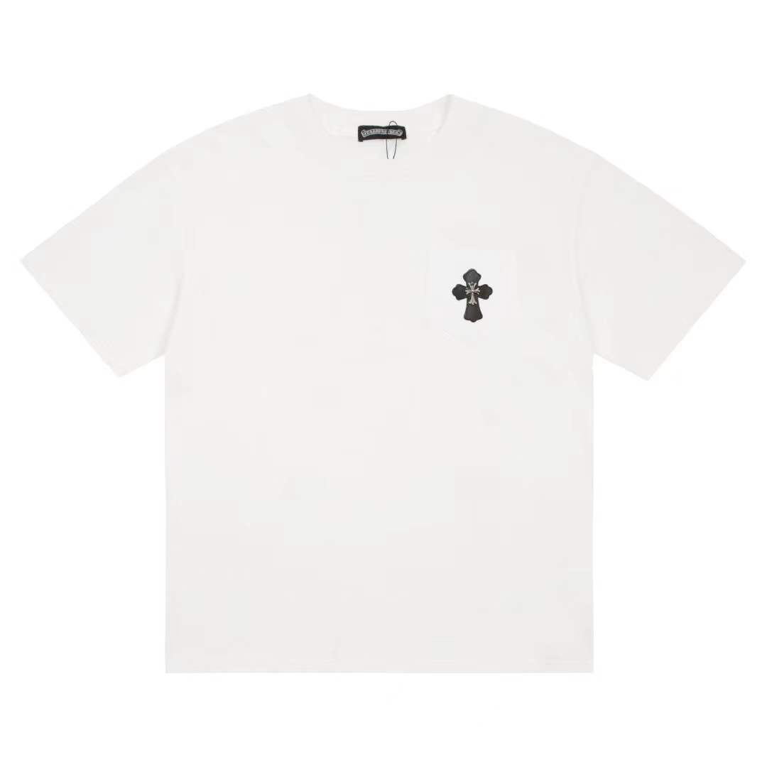 Chrome Hearts white cotton t-shirt with a black leather cross patch on the front chest.