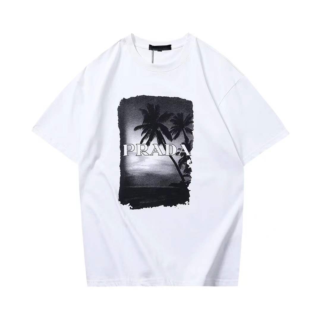 prada white cotton crewneck t-shirt with a framed palm tree print