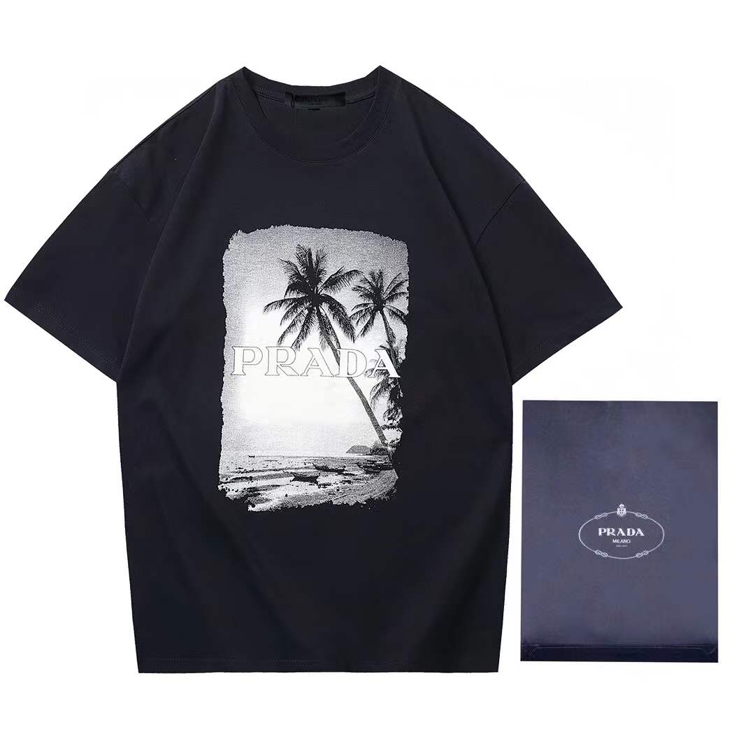 prada black cotton crewneck t-shirt with a framed palm tree print