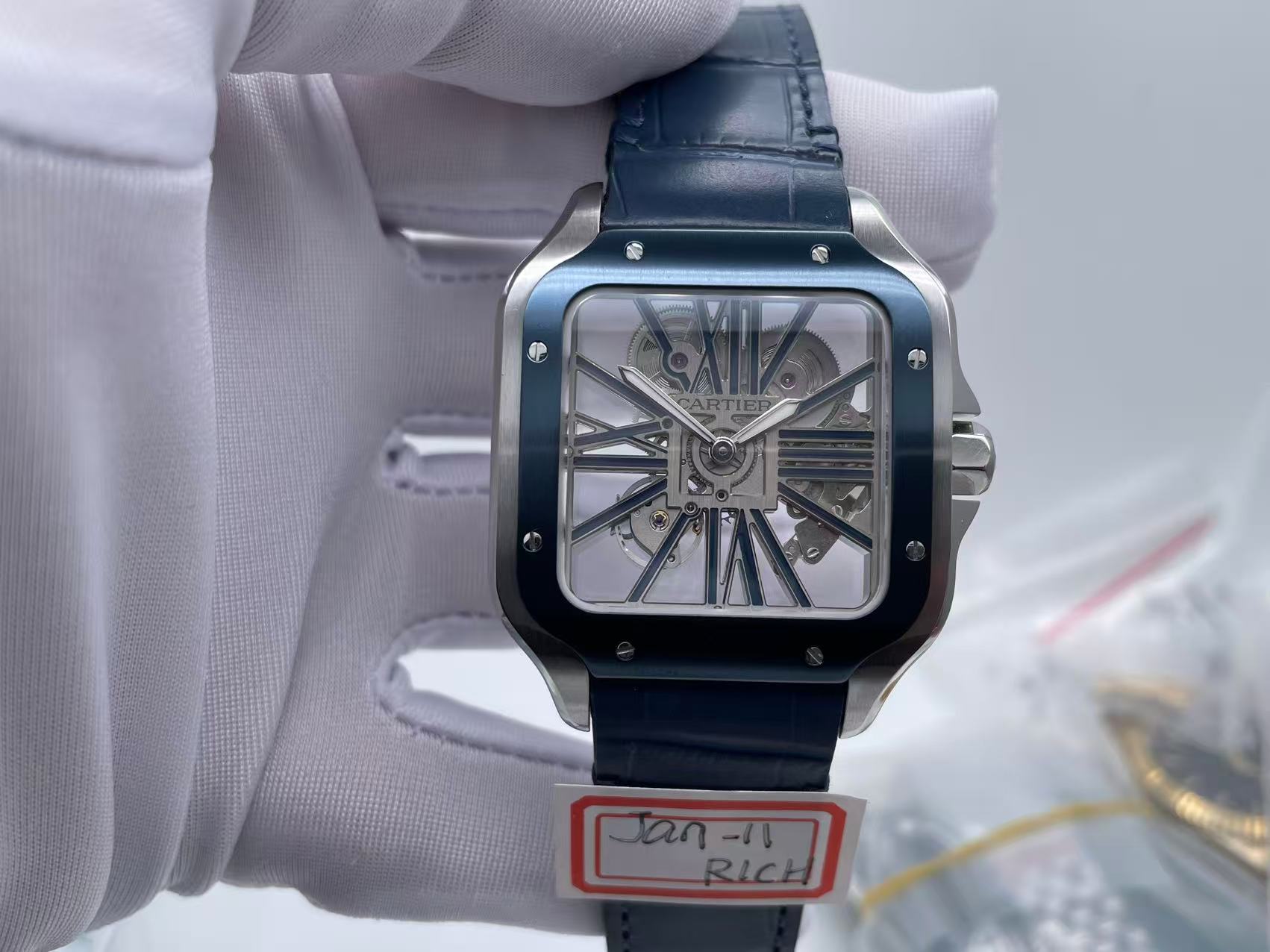 Santos Skeleton SS RICH 1:1 Best Edition Skeleton Dial Blue Bezel on Blue Leather Strap 9611MC Super Clone $698