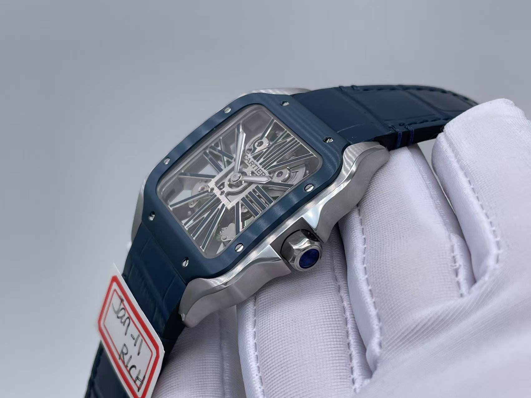 Santos Skeleton SS RICH 1:1 Best Edition Skeleton Dial Blue Bezel on Blue Leather Strap 9611MC Super Clone $698