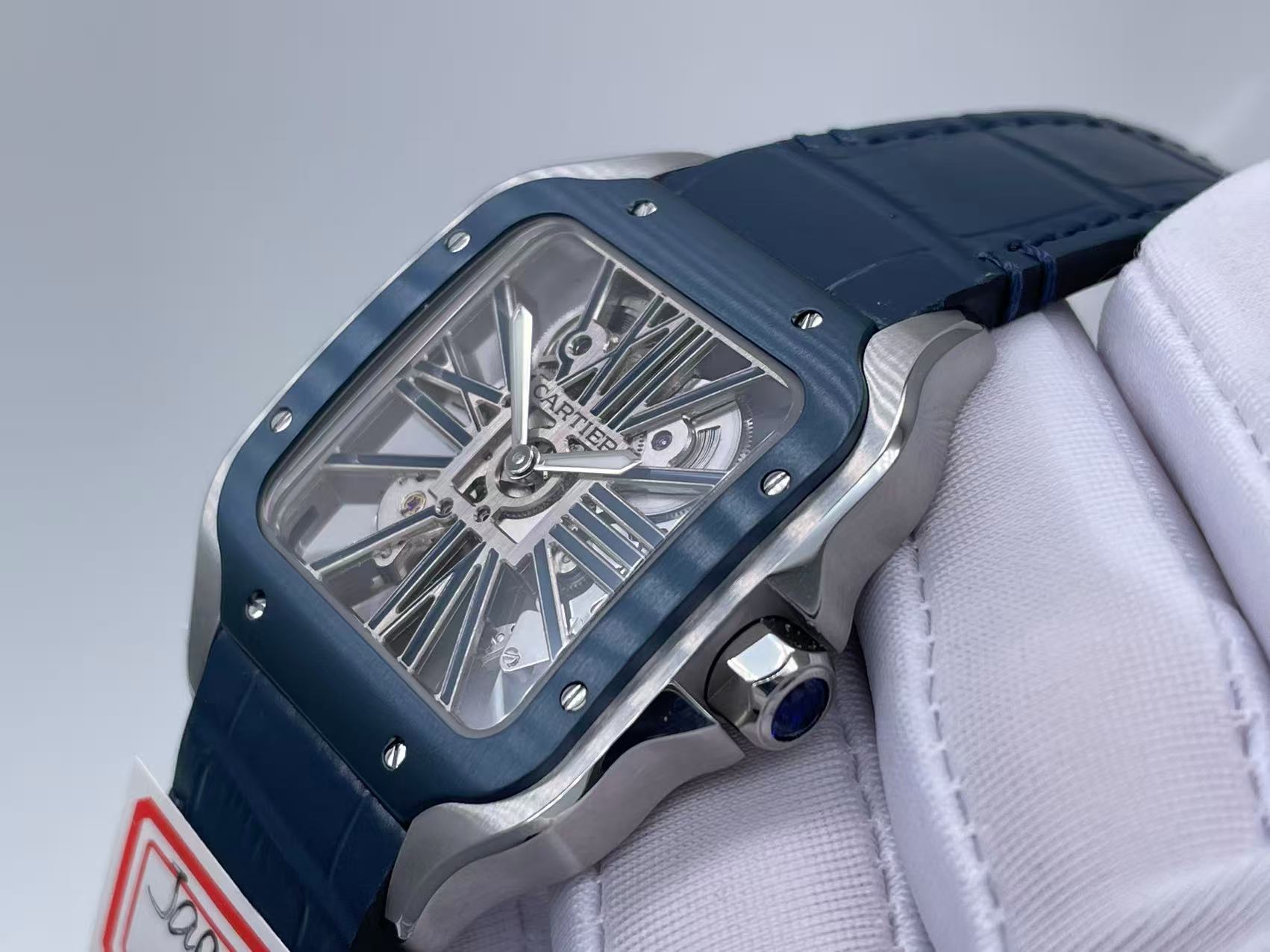 Santos Skeleton SS RICH 1:1 Best Edition Skeleton Dial Blue Bezel on Blue Leather Strap 9611MC Super Clone $698