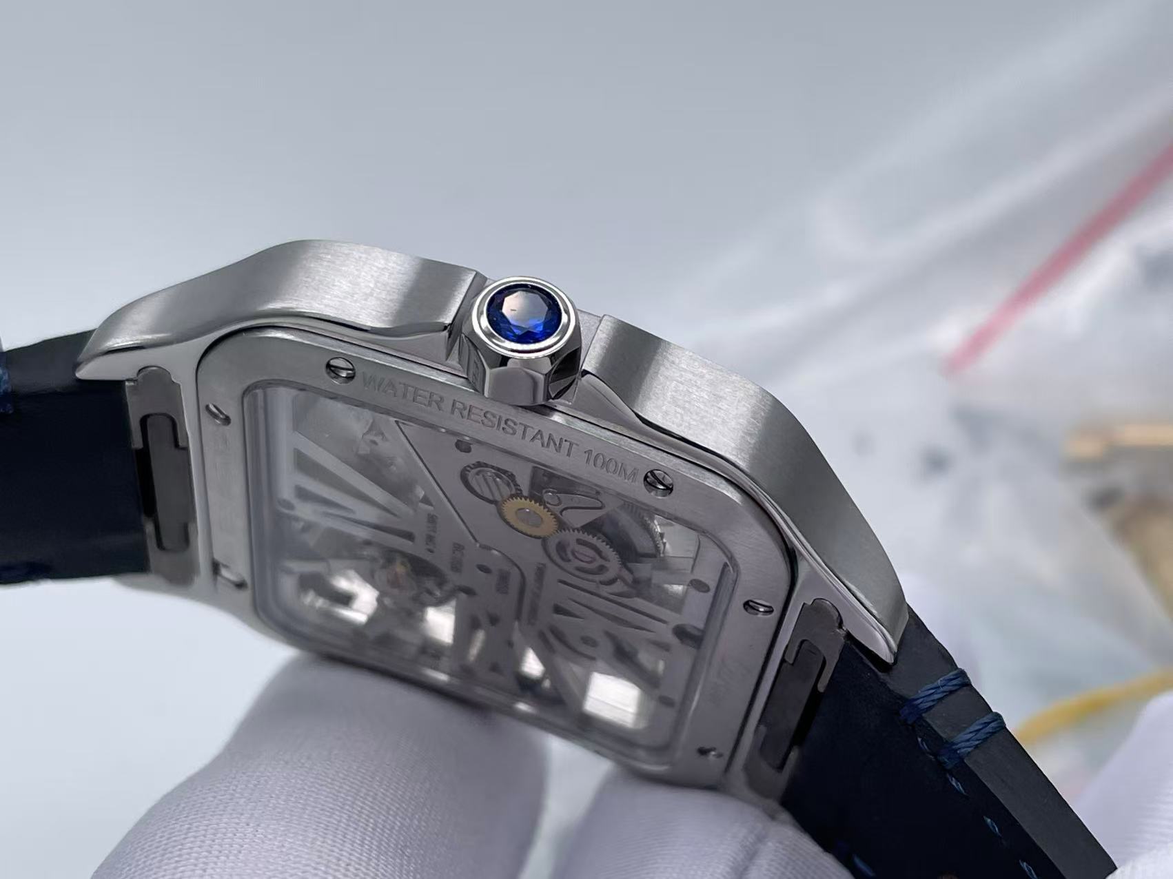 Santos Skeleton SS RICH 1:1 Best Edition Skeleton Dial Blue Bezel on Blue Leather Strap 9611MC Super Clone $698