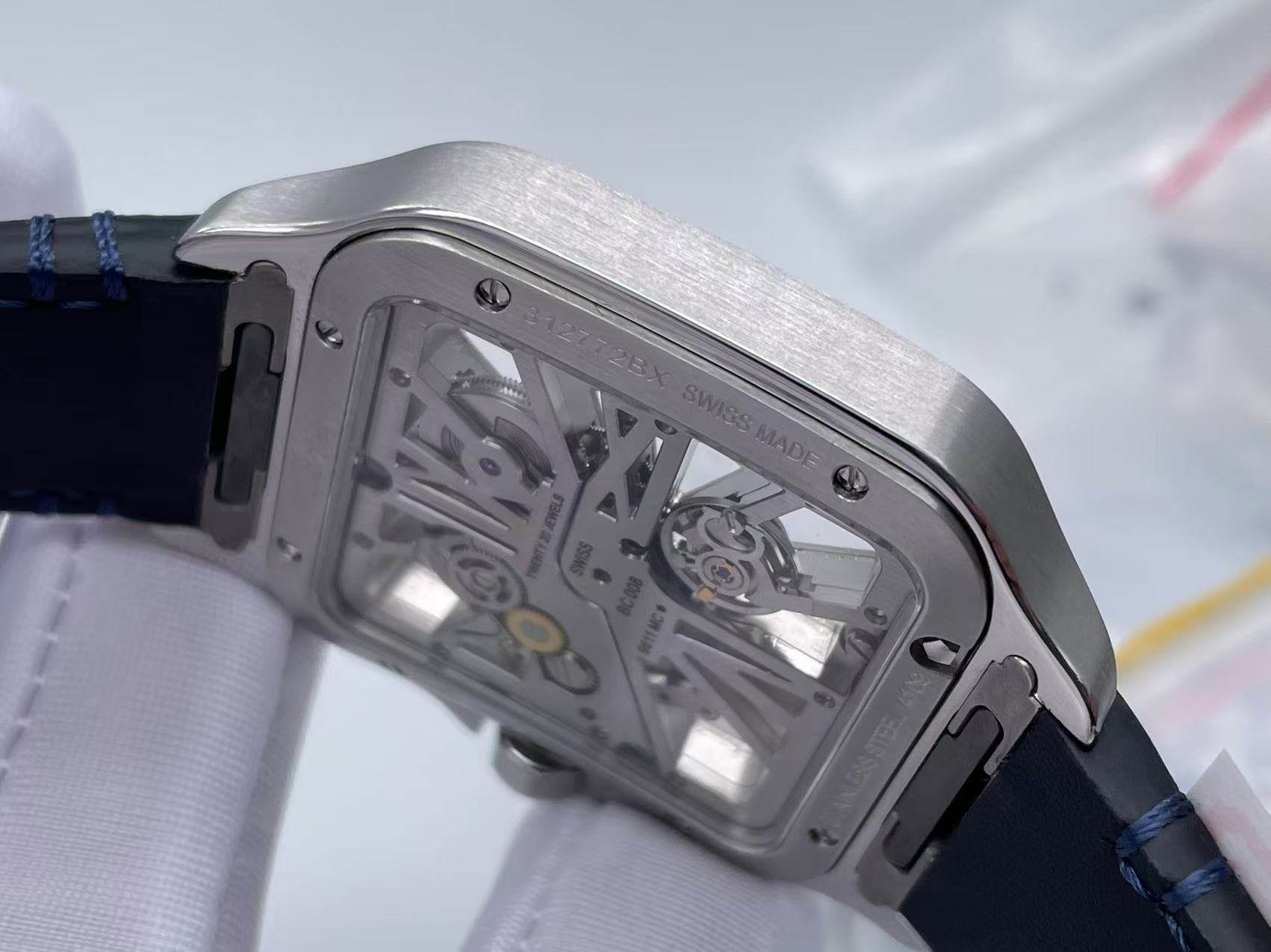 Santos Skeleton SS RICH 1:1 Best Edition Skeleton Dial Blue Bezel on Blue Leather Strap 9611MC Super Clone $698