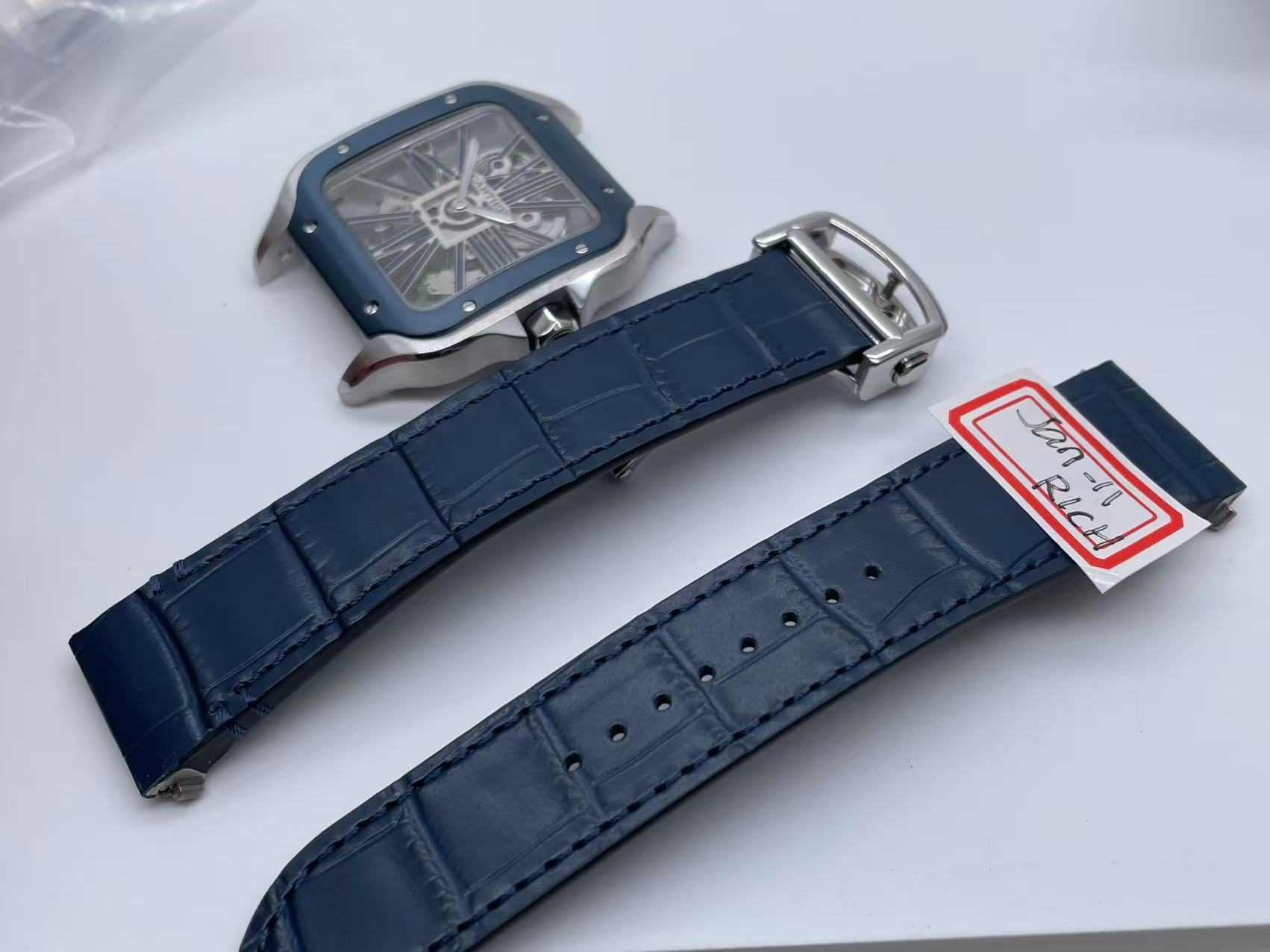 Santos Skeleton SS RICH 1:1 Best Edition Skeleton Dial Blue Bezel on Blue Leather Strap 9611MC Super Clone $698